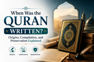 Ancient Quran manuscript with Islamic architecture representing the origins, compilation, and preservation of the Quran.