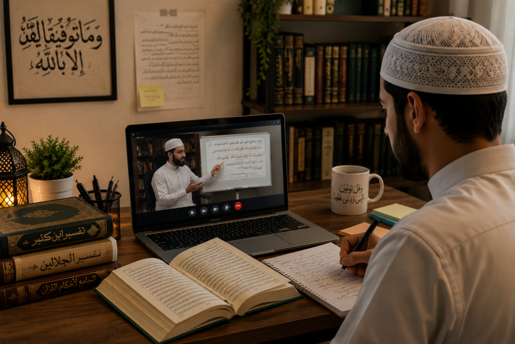 Student learning Quran Tafseer online through a live class with a qualified Islamic scholar