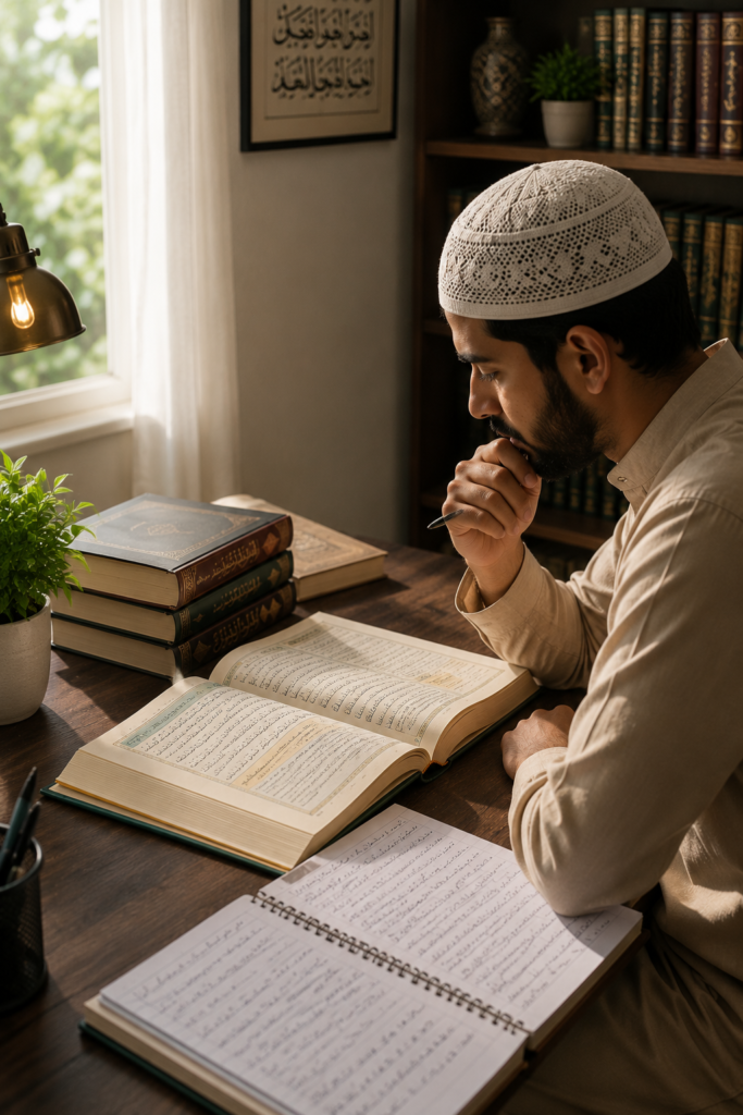 Student studying Quran Tafseer and learning the meanings and guidance of Quranic verses