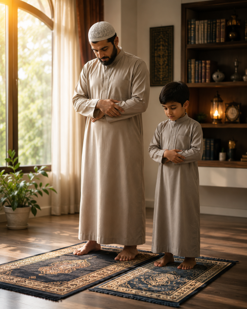 Student learning Namaz step by step with guidance on correct Salah postures and prayer practice