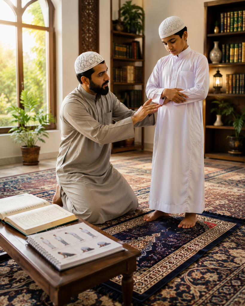 Student learning Salah correctly with guidance on proper prayer posture and Islamic worship