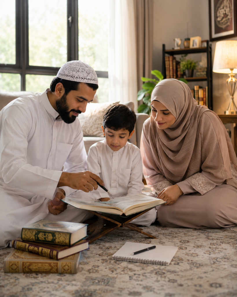 Muslim family learning Islamic parenting principles together through faith-based guidance and family education