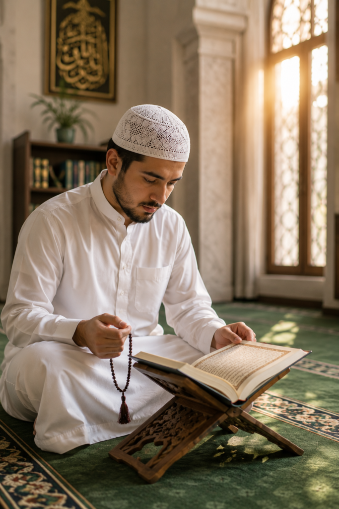 Muslim student reflecting on Quranic teachings and Islamic spiritual development through faith and character growth