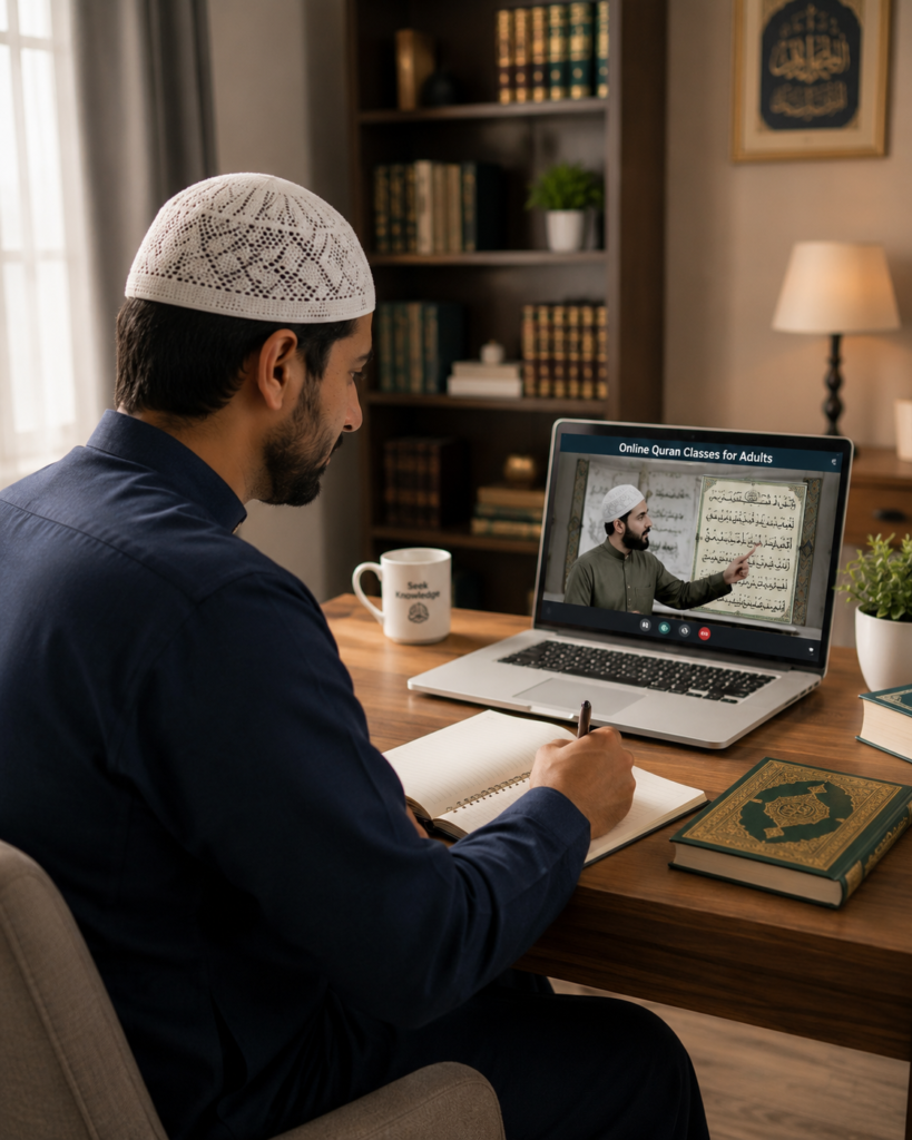 Adult student attending an online Quran class and studying Islamic education from home