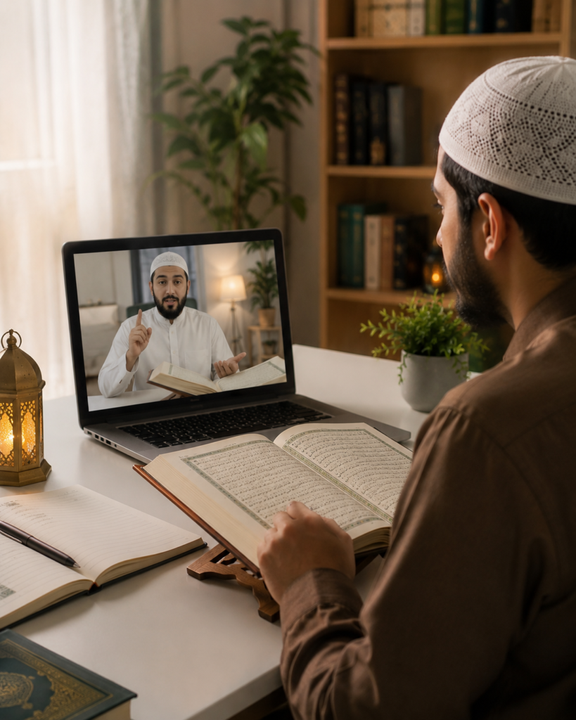 Student attending an online Quran recitation class with a live teacher and open Quran