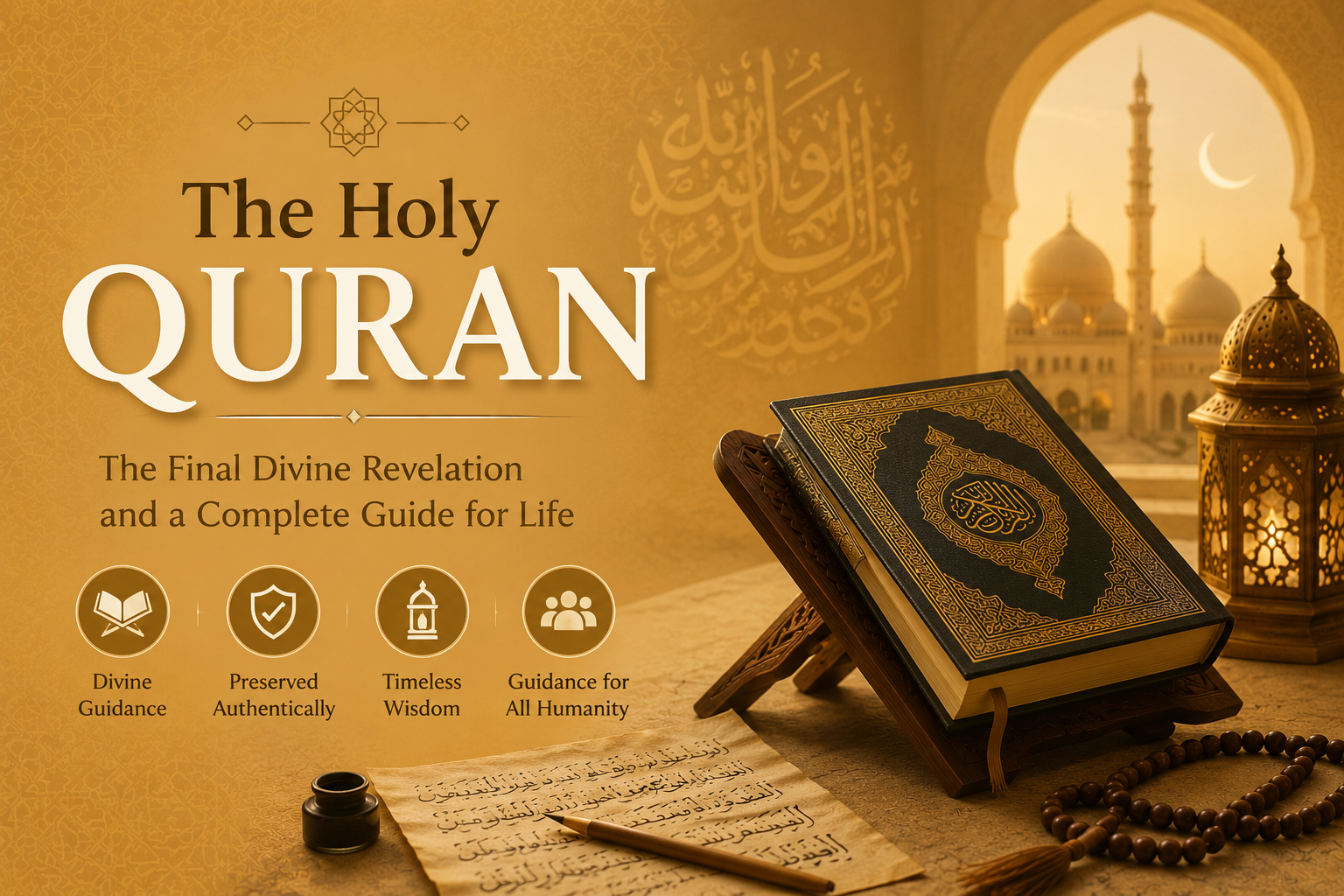 The Holy Quran on a wooden stand symbolizing divine guidance, Islamic teachings, and the history of the Quran in Islam