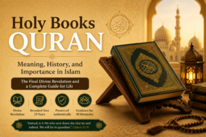 Holy Books Quran on a wooden stand representing divine revelation, Islamic teachings, and spiritual guidance